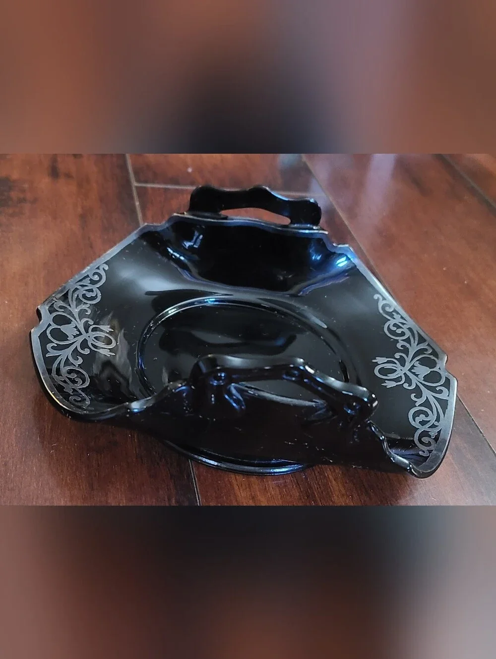 Vtg LE Smith Black Amethyst Glass Bonbon Dish Art Deco Sterling Silver...